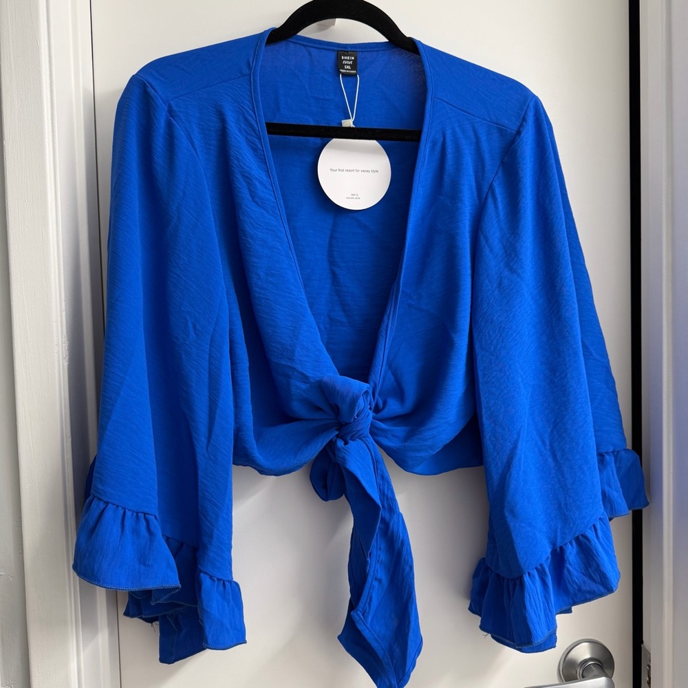 Deleting 4/30. Tie-Front Ruffle Sleeve Top Royal Blue Resort Wear Swim Cover up